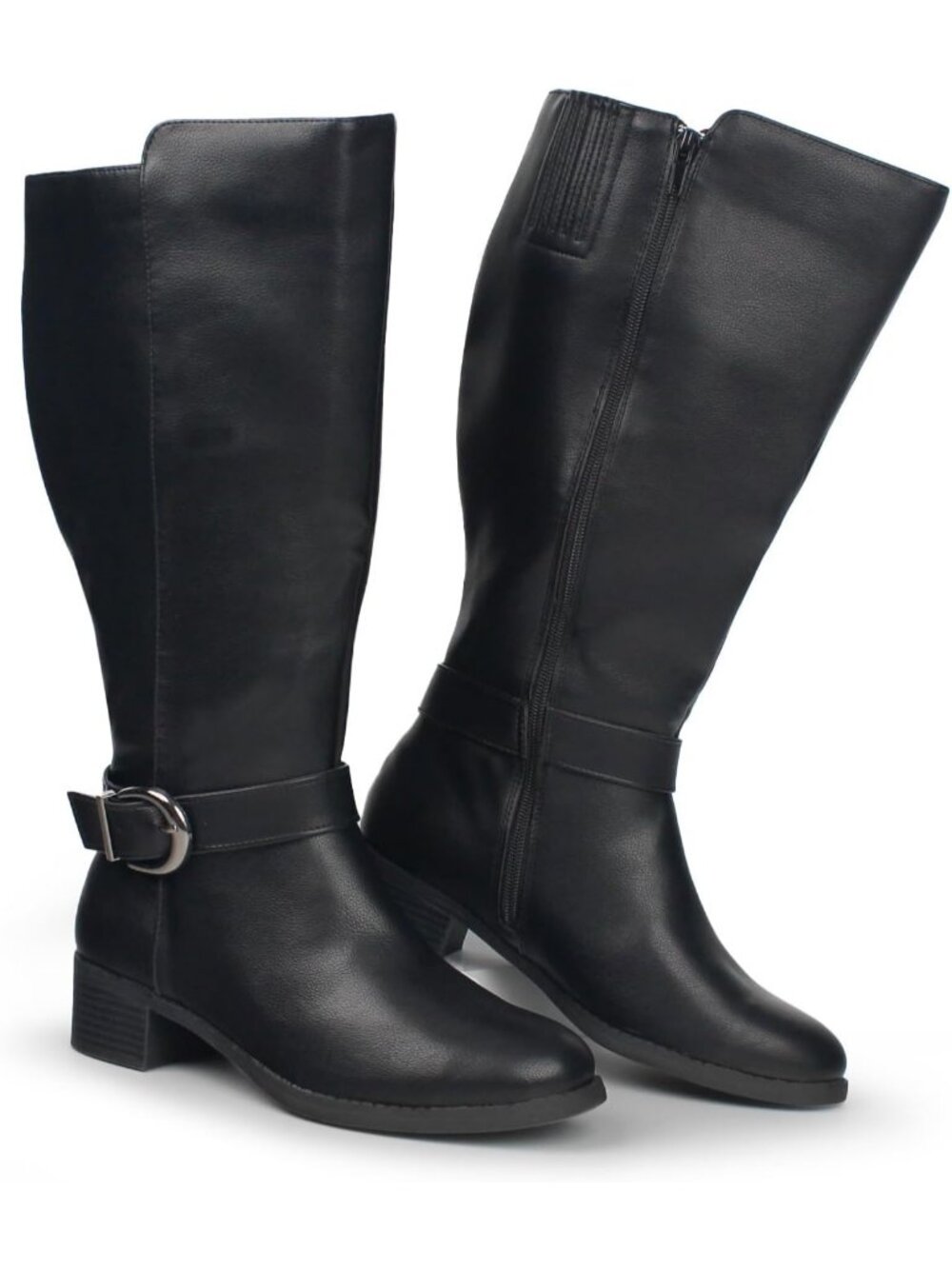 Women's Black Extra Wide Calf Pull On Side Zipper Knee High Boots Pointed Toe